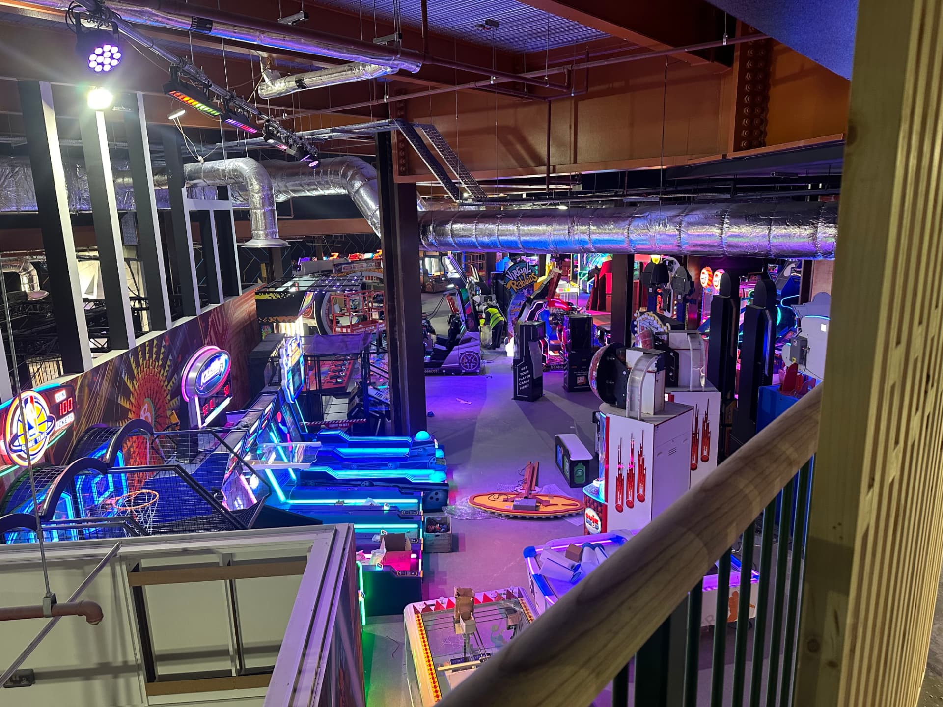 Overhead view of arcade machines and services in a commercial leisure venue