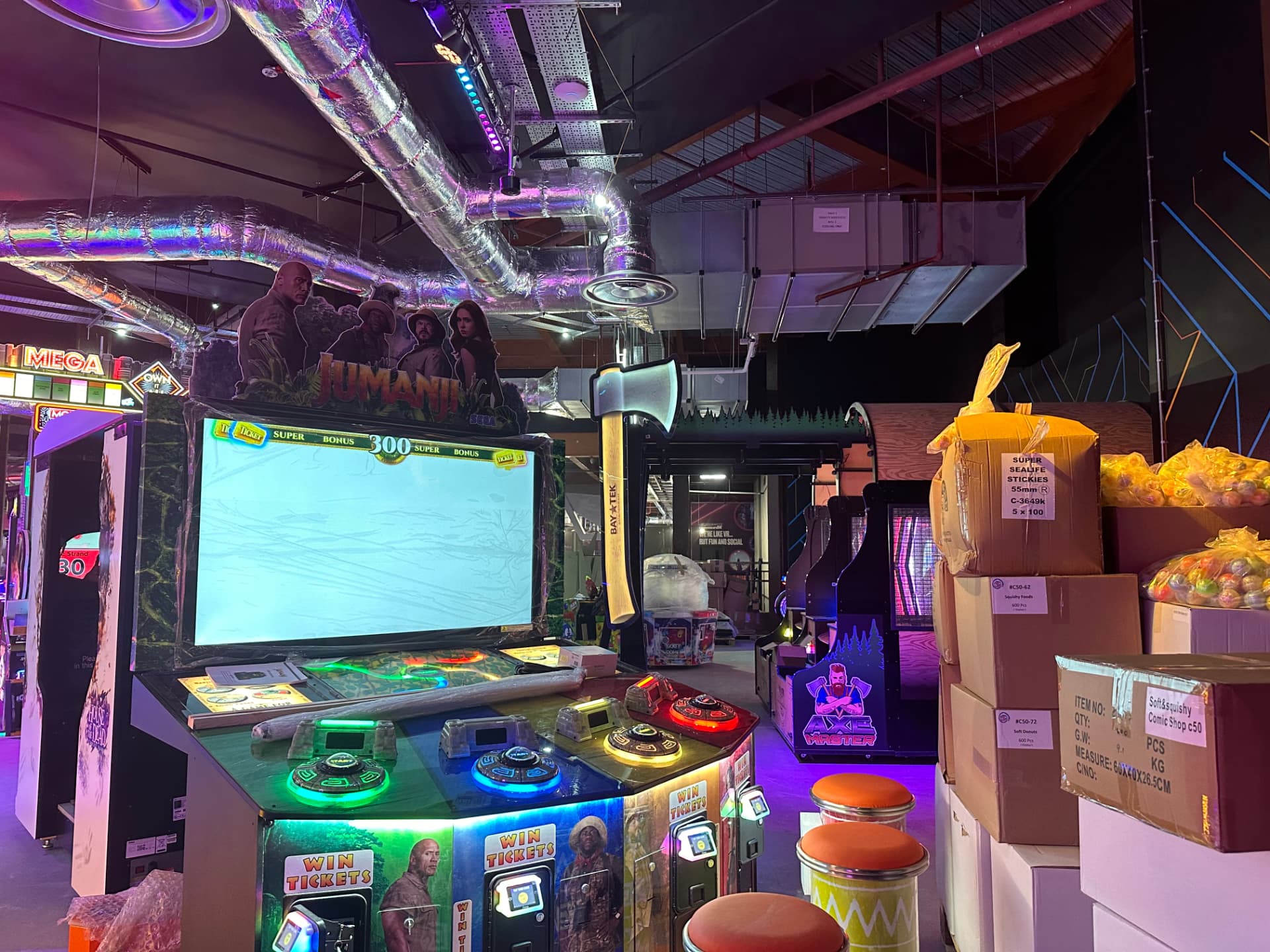 Ticket redemption games and prize area with themed lighting